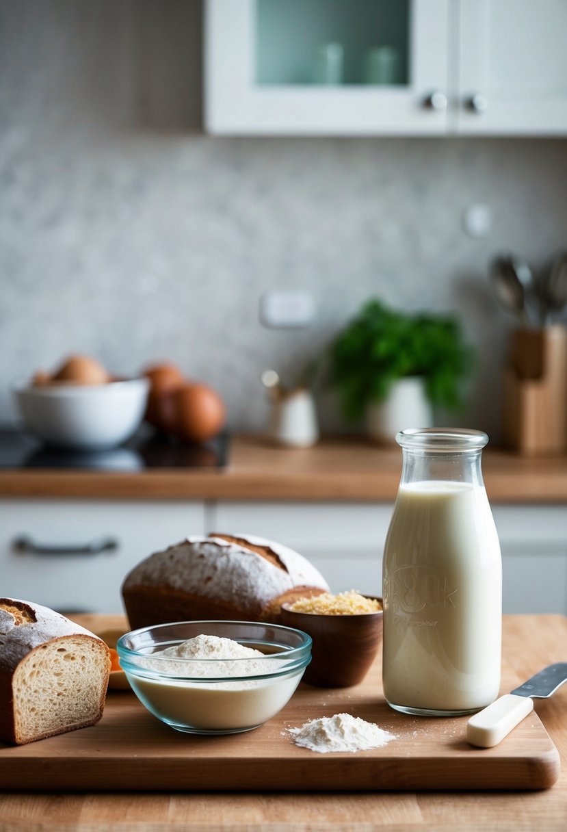 A kitchen counter with ingredients for bread but no milk