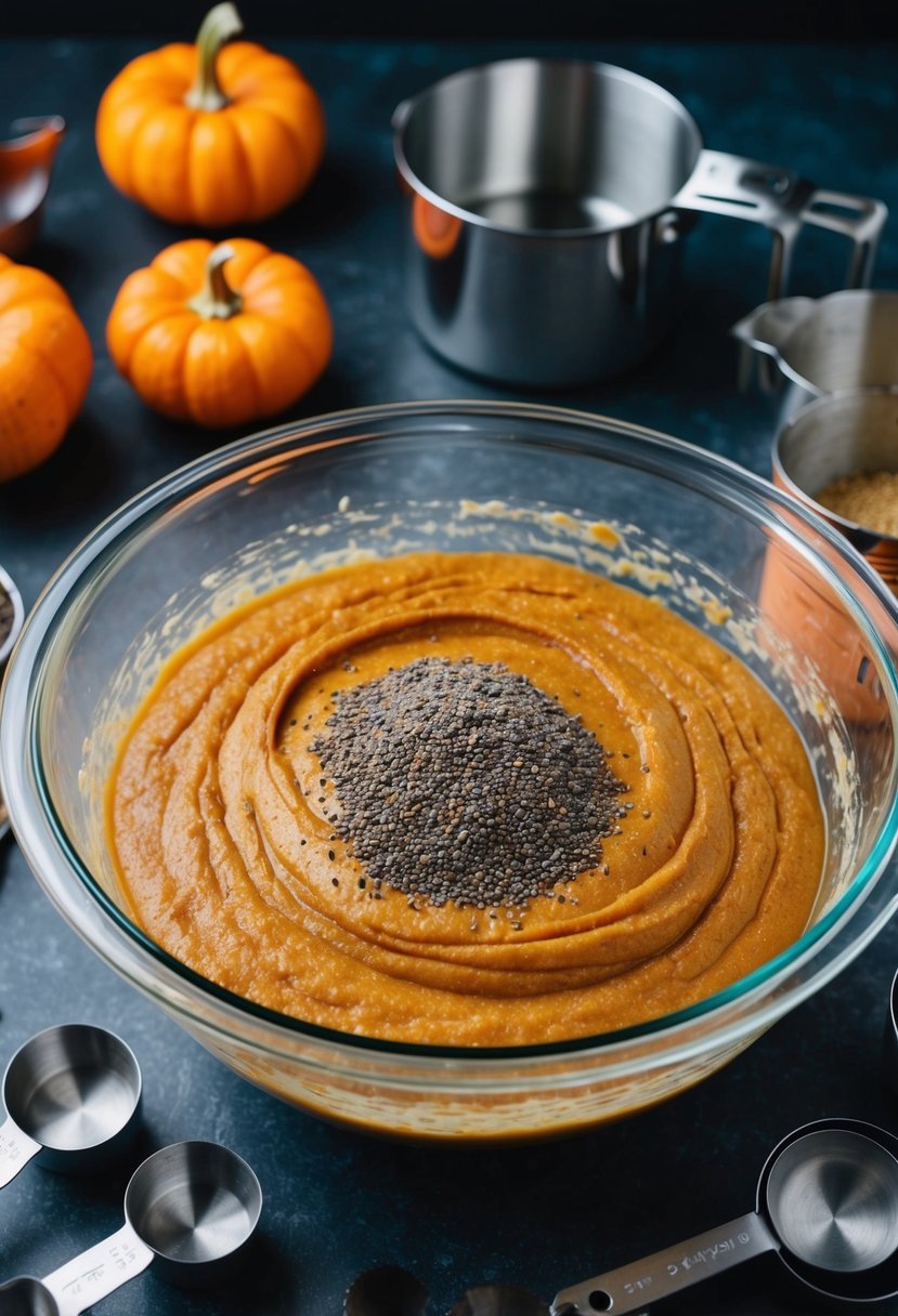 A mixing bowl filled with pumpkin spice cake batter, with chia seeds sprinkled on top, surrounded by measuring cups and utensils