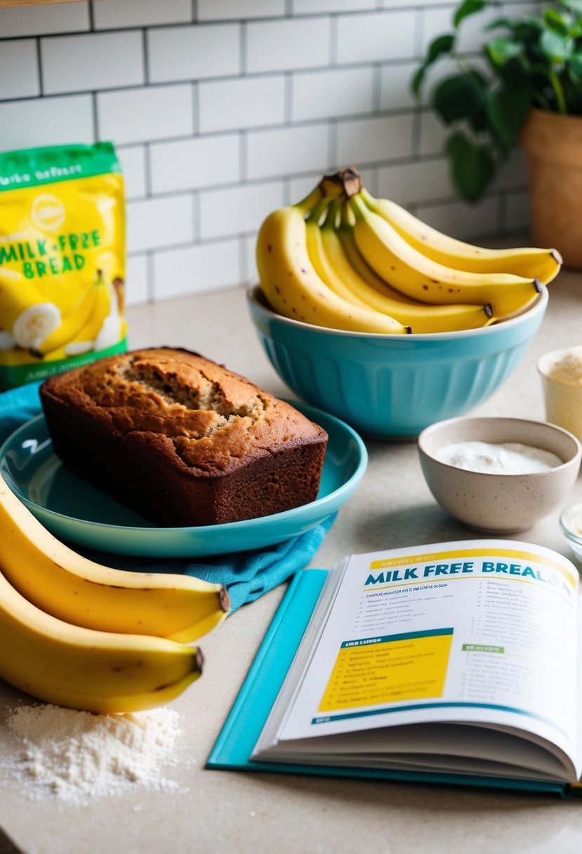 A kitchen counter with a loaf of banana bread, a mixing bowl, ripe bananas, flour, sugar, and a recipe book open to a page for milk-free bread recipes