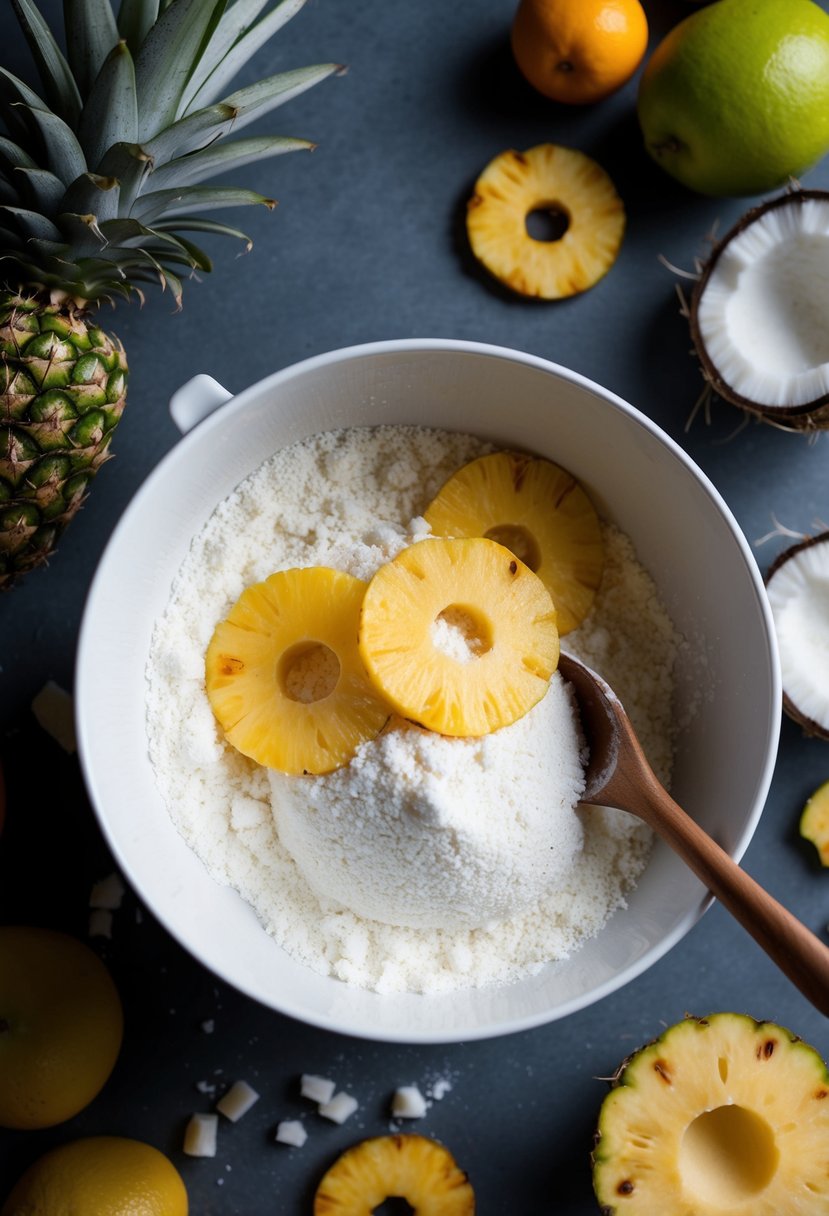 A mixing bowl filled with coconut flour, pineapple slices, and other wholesome ingredients, surrounded by fresh fruits and a rustic wooden spoon