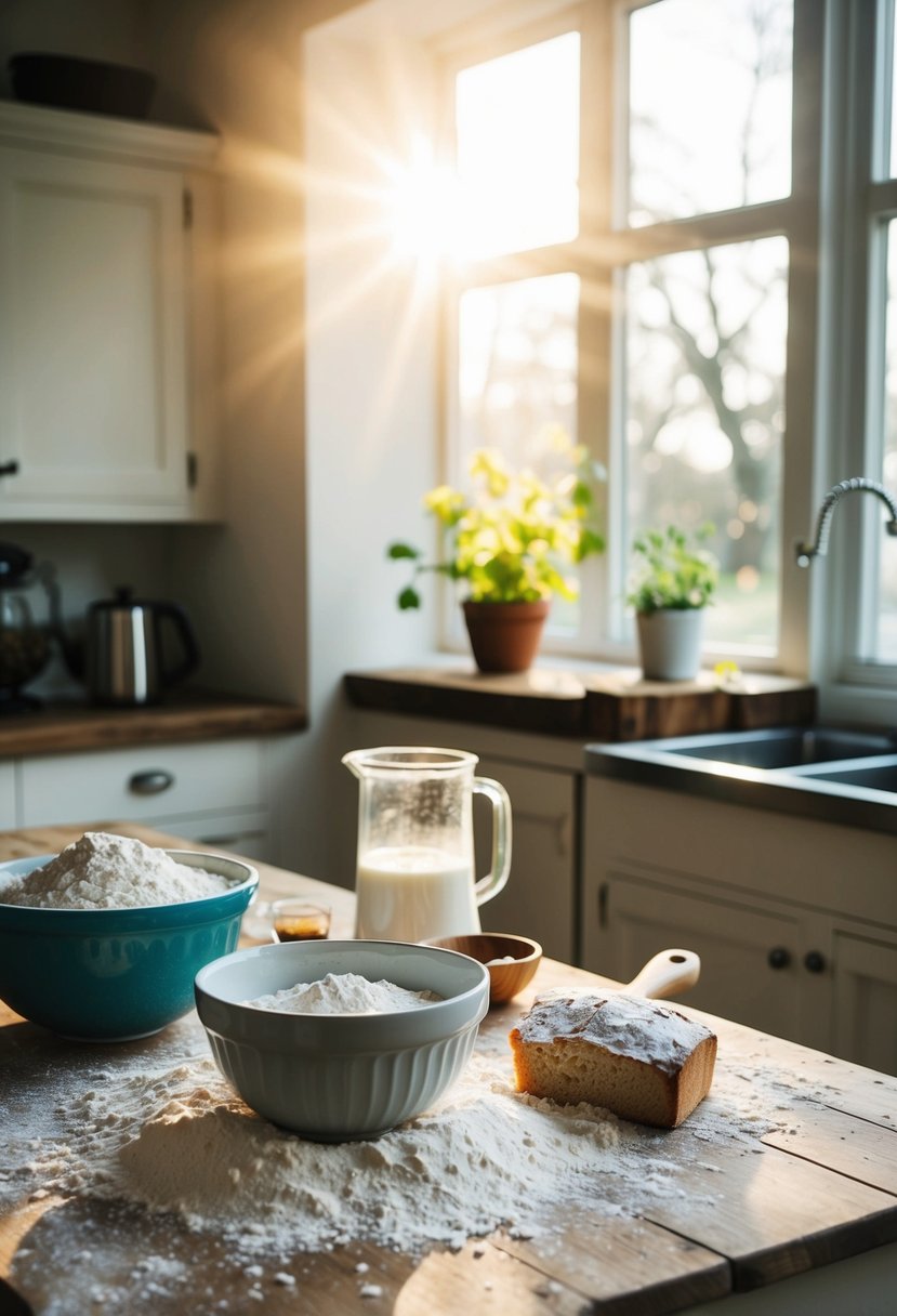 A rustic kitchen with a wooden table covered in flour, a mixing bowl, and ingredients for Irish Soda Bread. Sunshine streams through the window