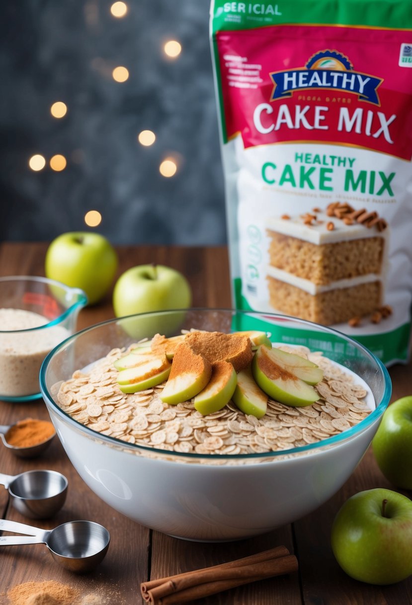 A mixing bowl filled with oatmeal, apples, and cinnamon, surrounded by measuring cups and spoons, with a bag of healthy cake mix in the background