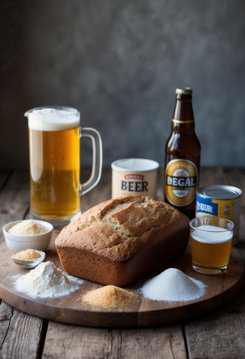 A rustic kitchen scene with a loaf of beer bread and various ingredients like flour, beer, and sugar arranged on a wooden surface