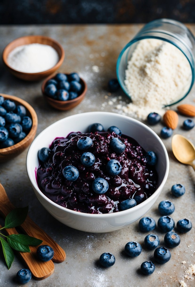 A rustic kitchen counter with a bowl of Paleo Blueberry Cake Mix surrounded by fresh blueberries, almond flour, and coconut sugar