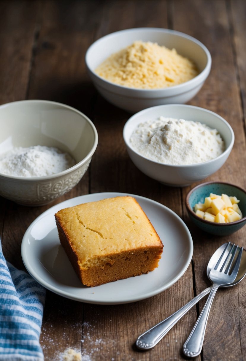 A rustic kitchen table with a freshly baked loaf of cornbread and a bowl of ingredients, including flour, cornmeal, and buttermilk