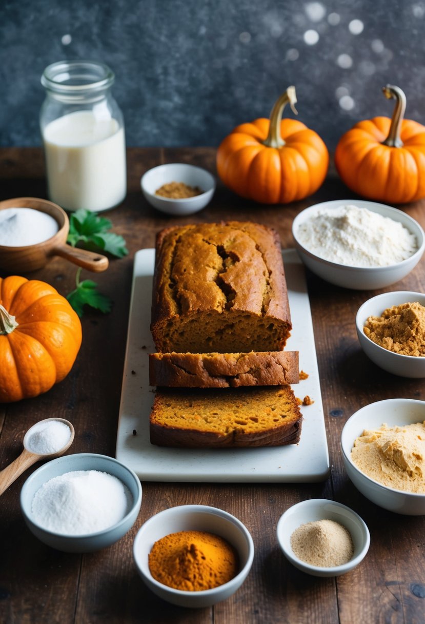 A rustic kitchen counter with a freshly baked loaf of pumpkin bread surrounded by ingredients like pumpkin puree, flour, sugar, and spices