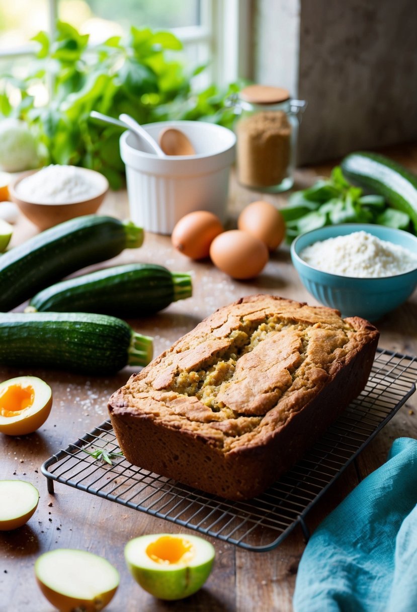 A rustic kitchen counter with fresh zucchinis, flour, eggs, and spices scattered around. A warm loaf of zucchini bread cools on a wire rack