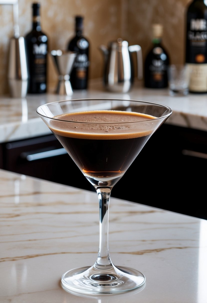 A sleek martini glass sits on a marble countertop, filled with a rich, dark Espresso Martini made with Mr Black coffee liqueur