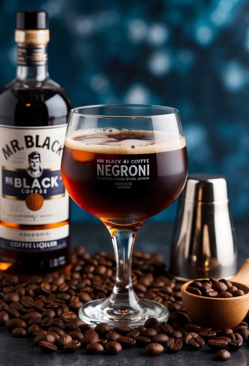 A glass of cold brew coffee Negroni with Mr Black coffee liqueur, surrounded by coffee beans and a cocktail shaker