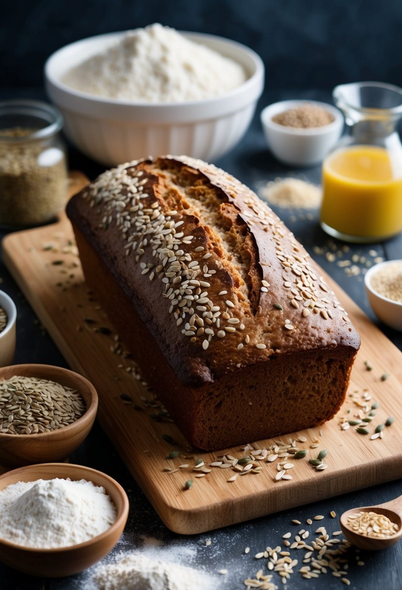 A loaf of rye bread surrounded by various ingredients such as flour, yeast, and seeds on a wooden cutting board