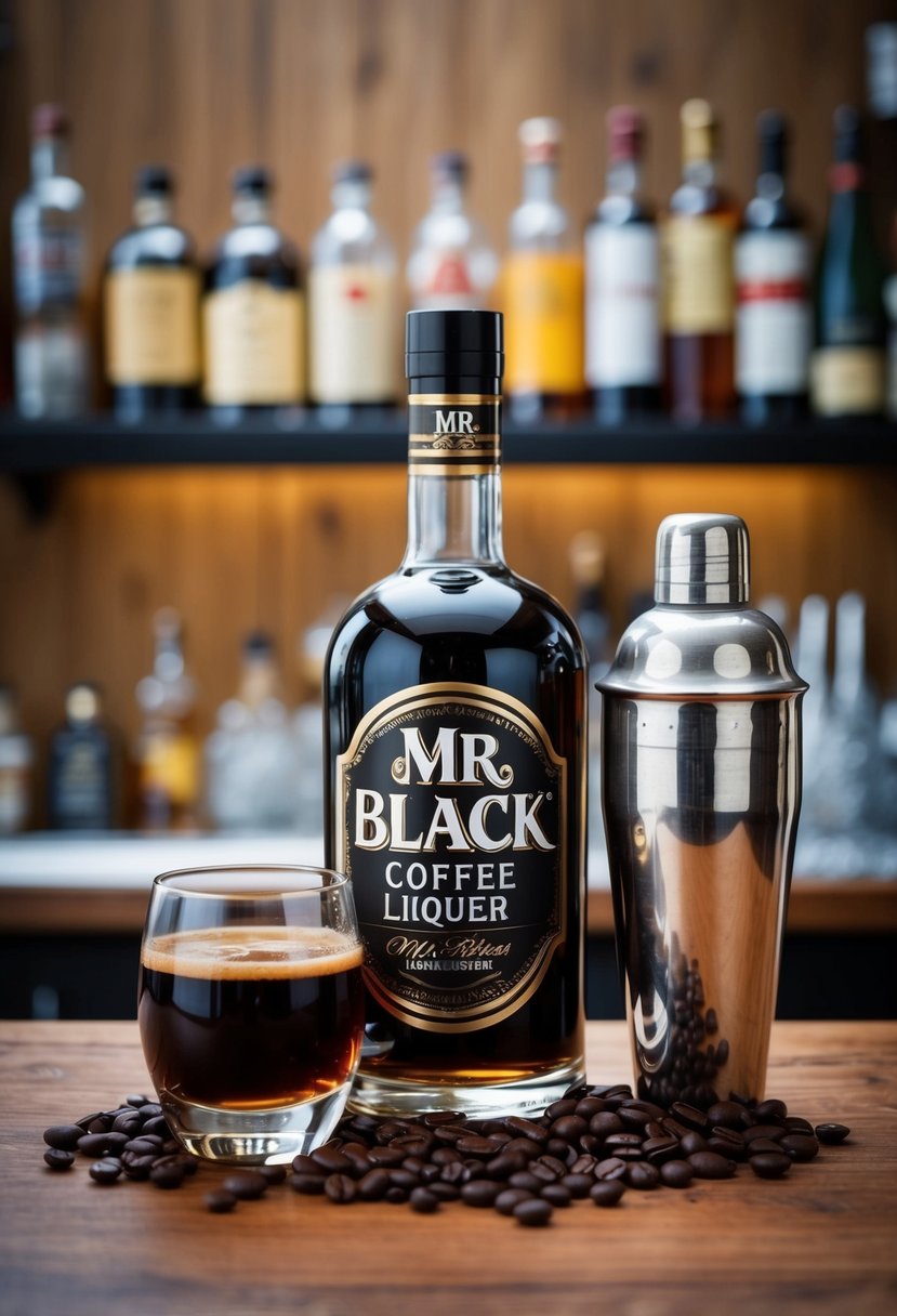 A glass of Mr Black coffee liqueur surrounded by coffee beans and a vintage cocktail shaker on a wooden bar counter