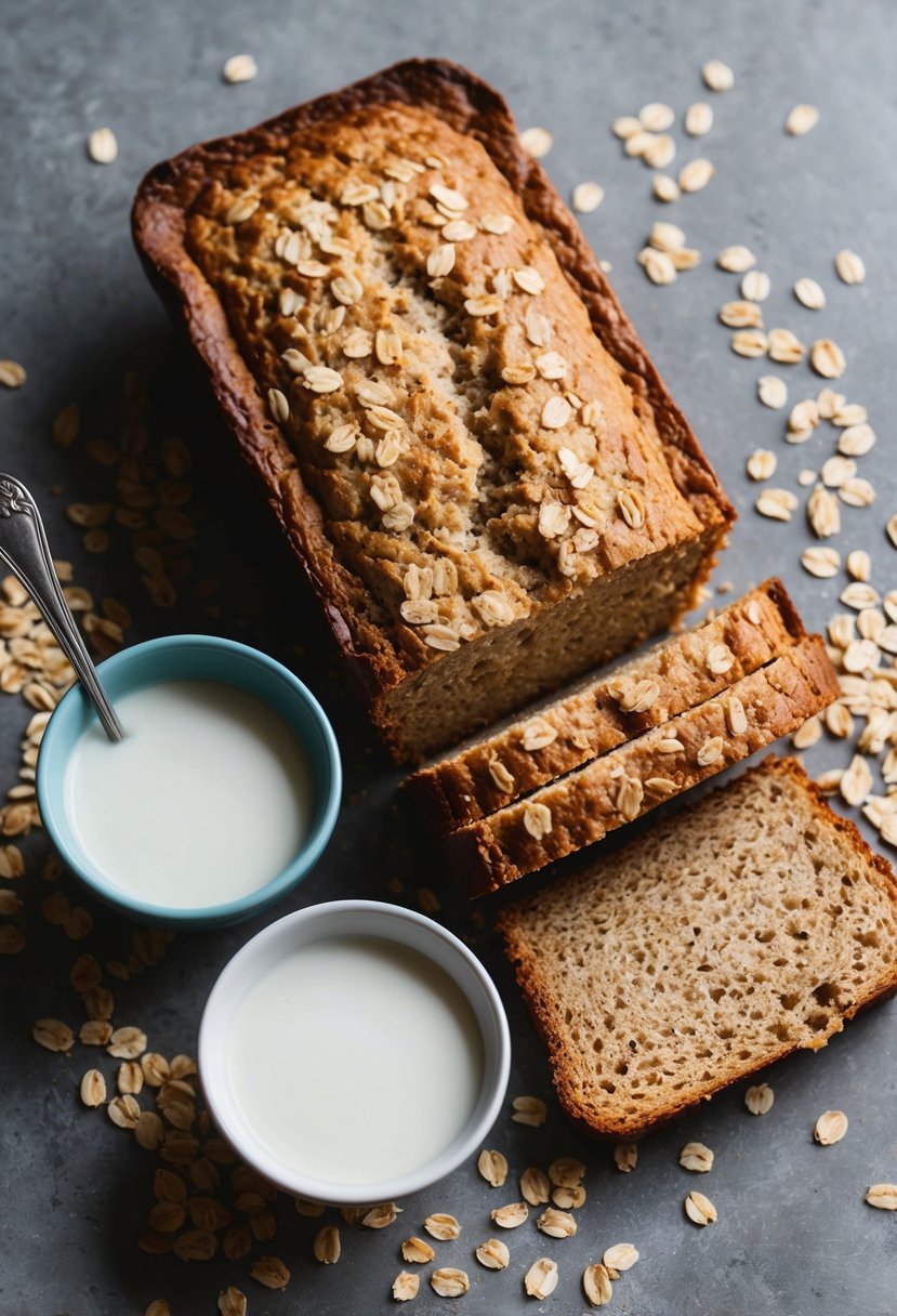 A loaf of oatmeal bread surrounded by oats and a bowl of milk