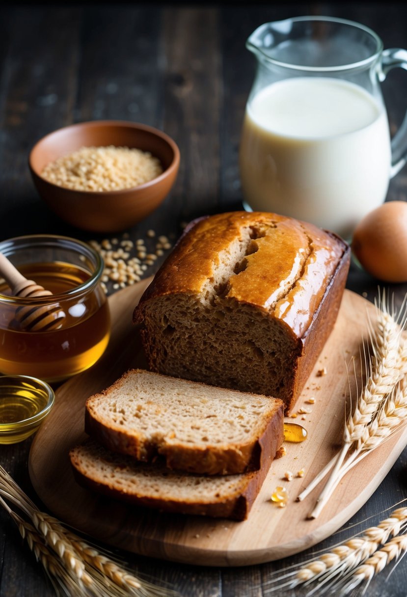 A loaf of honey wheat bread surrounded by ingredients like honey, wheat, and a pitcher of milk