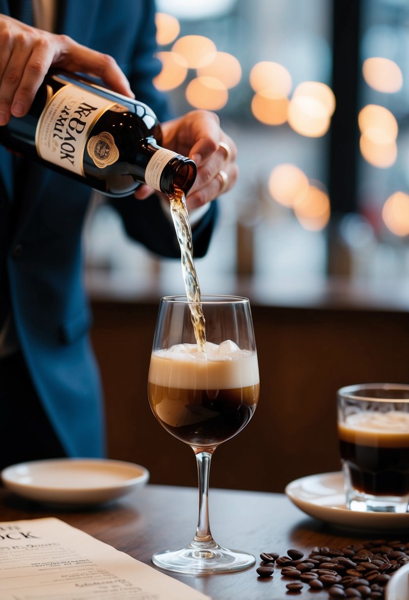 A glass of Coffee White Russian being poured with Mr. Black Coffee Liqueur and recipes on the table