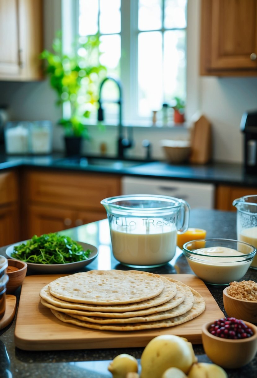 A kitchen counter with ingredients for flatbread and milk-free bread recipes