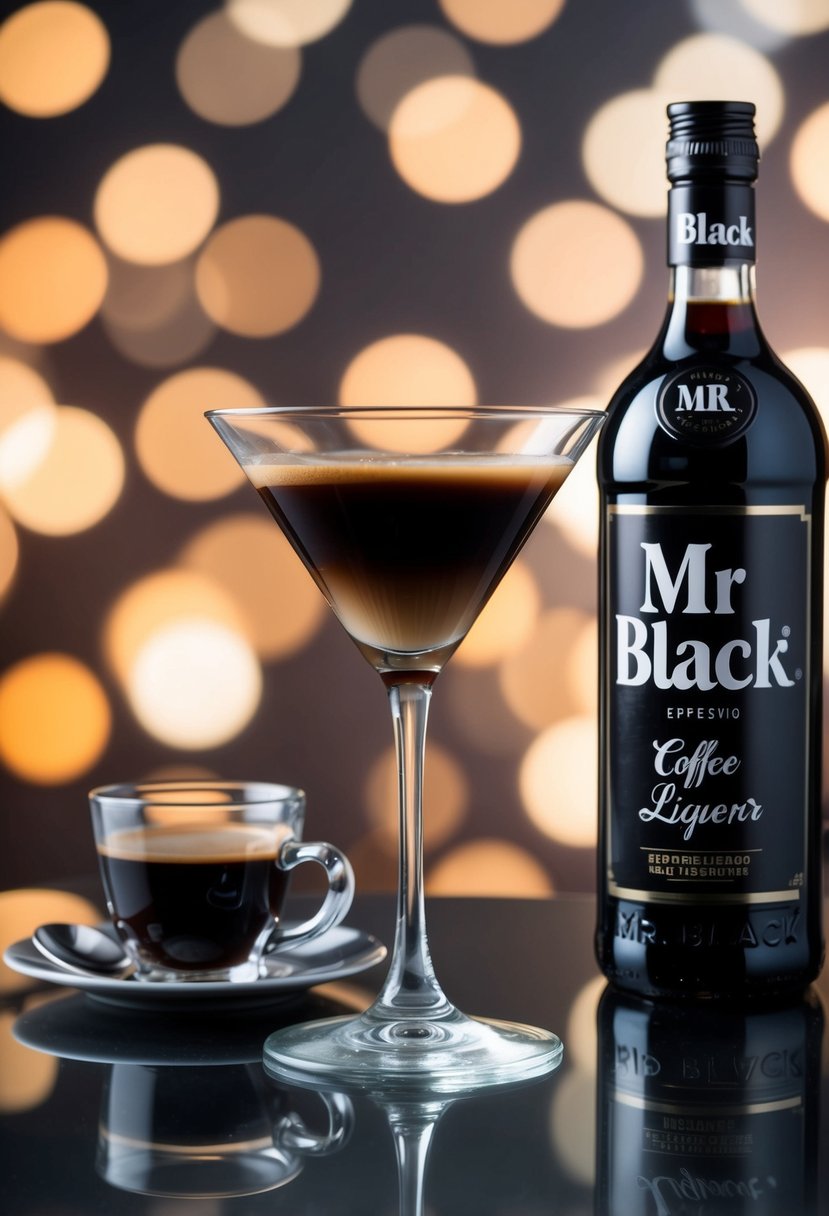 A stylish martini glass filled with Mr Black coffee liqueur and espresso, with a sleek bottle of Mr Black in the background