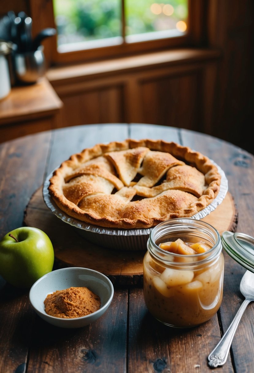 A rustic kitchen table with a fresh-baked apple pie, a bowl of cinnamon, and a jar of homemade apple pie filling