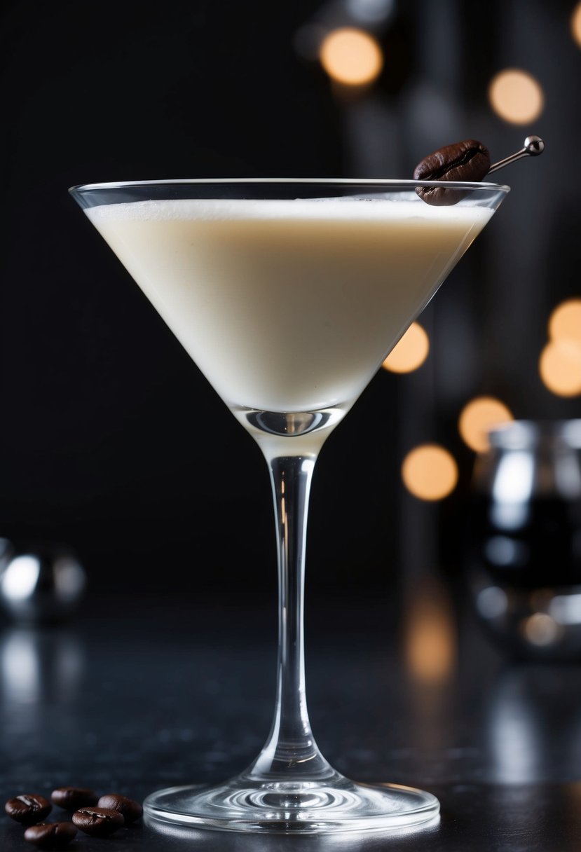 A sleek martini glass filled with a creamy white cocktail, garnished with a coffee bean and set against a dark backdrop