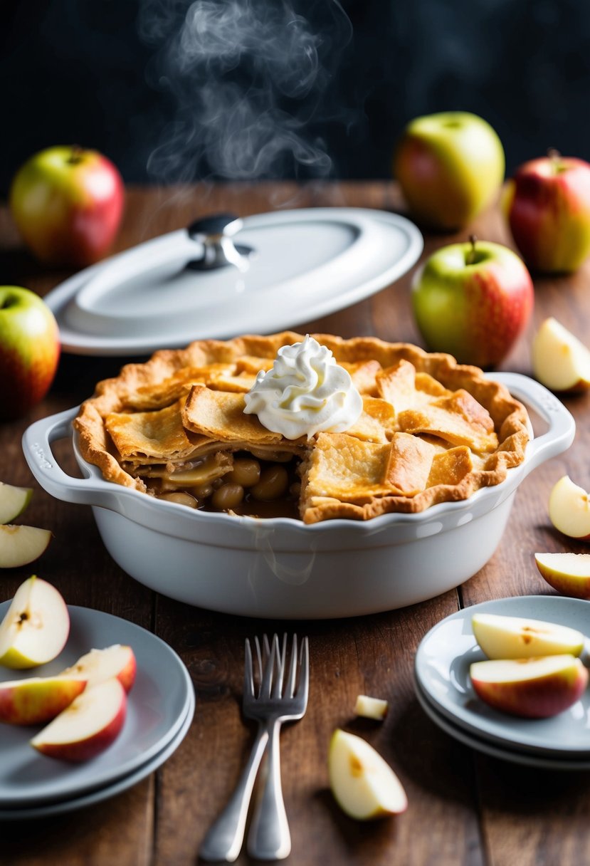 A table set with a steaming casserole dish filled with layers of apple pie filling and a golden brown crust, surrounded by scattered apple slices and a dollop of whipped cream