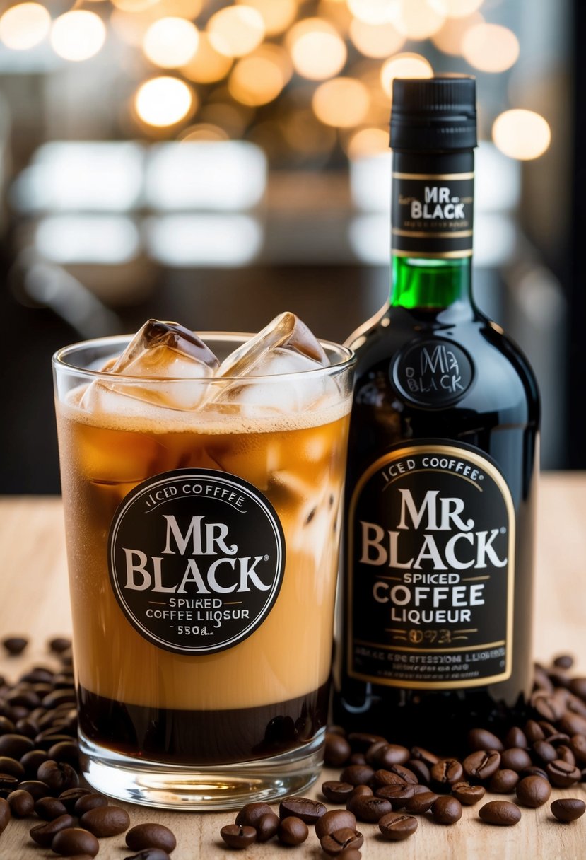 A glass of iced coffee with a spiked Mr Black coffee liqueur, surrounded by coffee beans and a bottle of the liqueur