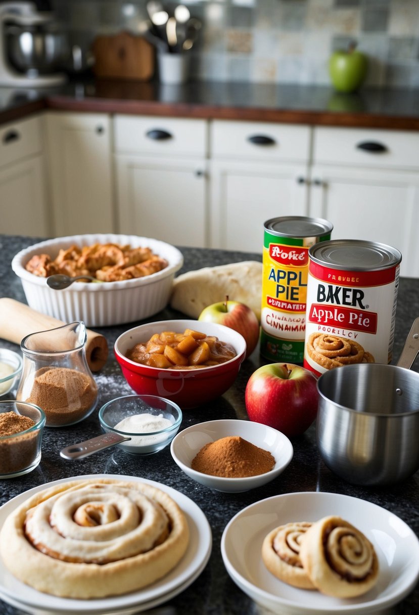 A kitchen counter with ingredients and utensils for making apple pie cinnamon rolls. Apple pie filling, dough, cinnamon, and baking tools are present