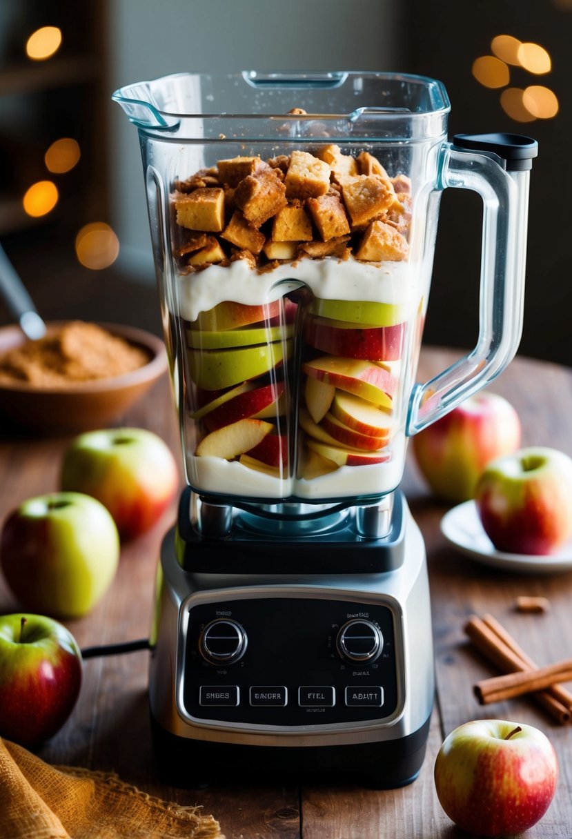 A blender filled with apple pie filling, apples, yogurt, and cinnamon. Ingredients scattered around on a wooden table