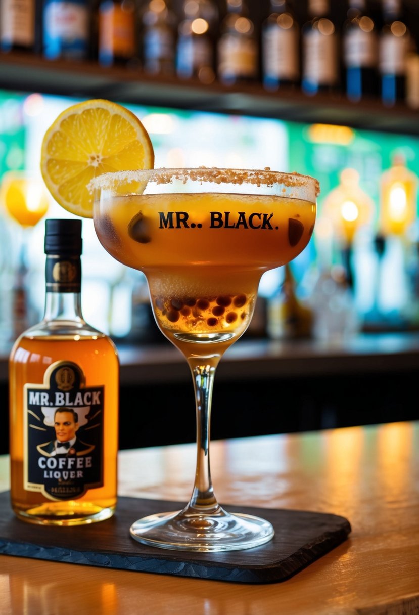 A vibrant scene of a margarita glass filled with a caffeinated concoction of Mr. Black coffee liqueur and other ingredients, set against a backdrop of a lively bar or cafe