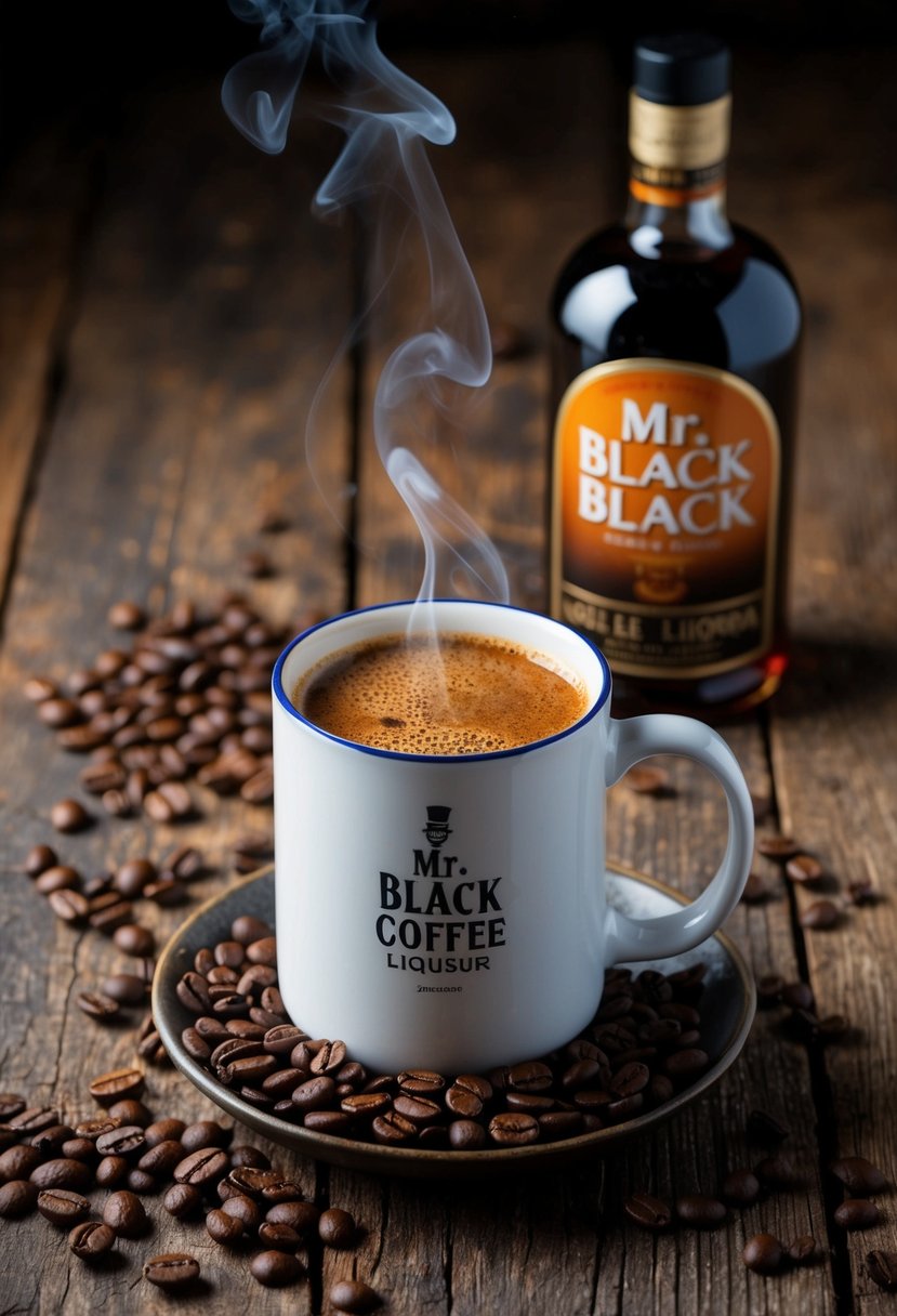 A steaming mug of spiced coffee sits on a rustic wooden table, surrounded by scattered coffee beans and a bottle of Mr. Black coffee liqueur