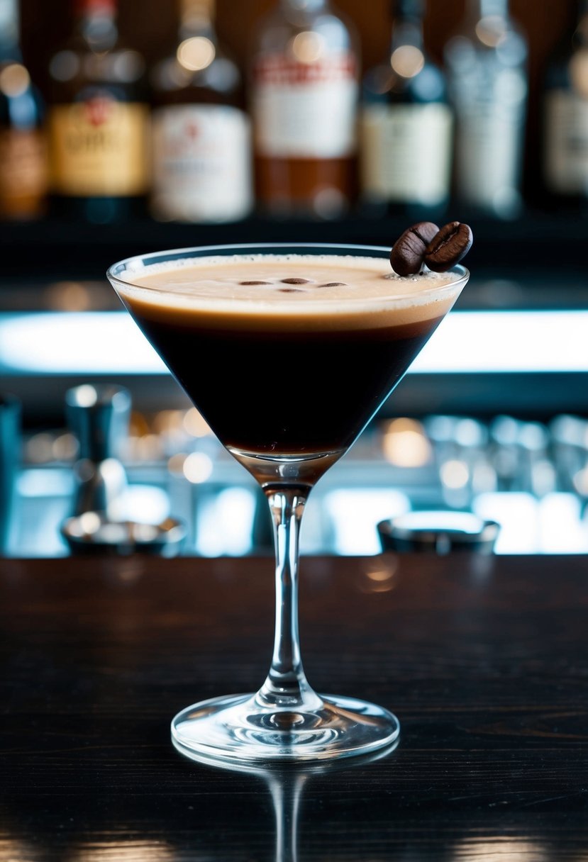 A sleek cocktail glass filled with Mr Black Mocha Cocktail, garnished with a coffee bean, set on a dark wooden bar top