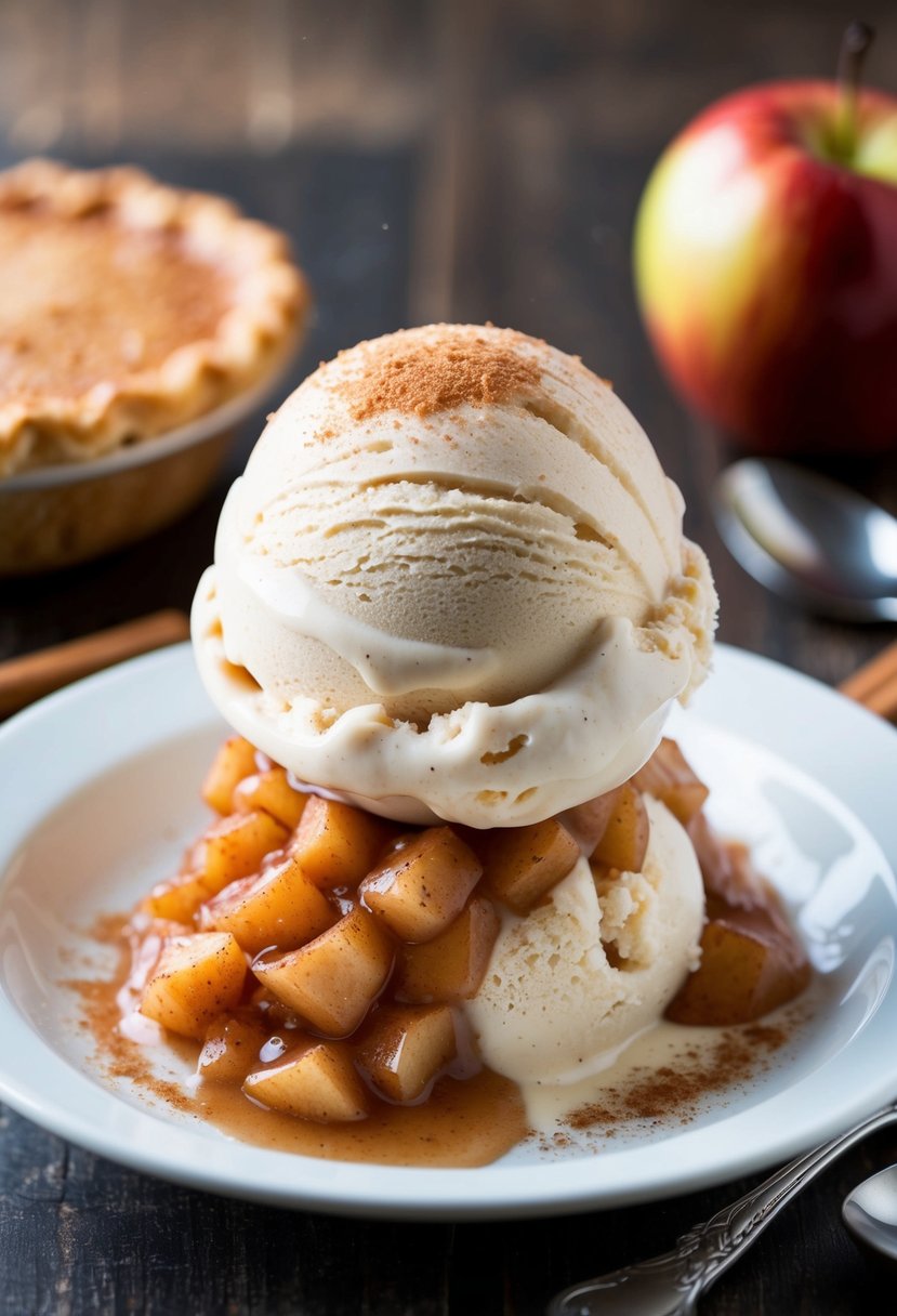 A scoop of apple pie ice cream surrounded by a dollop of apple pie filling and a sprinkling of cinnamon on top