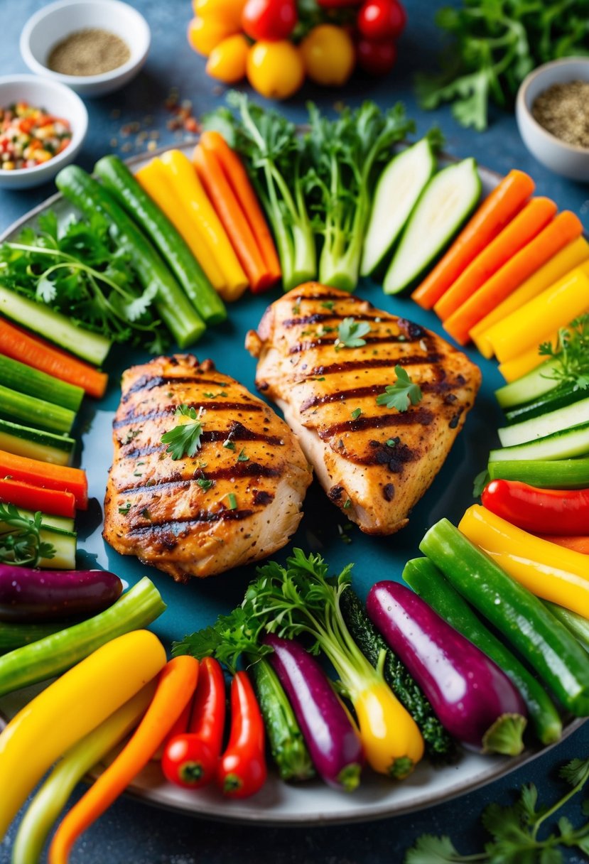 A colorful array of fresh vegetables and grilled chicken arranged on a plate, with various ingredients and seasonings scattered around