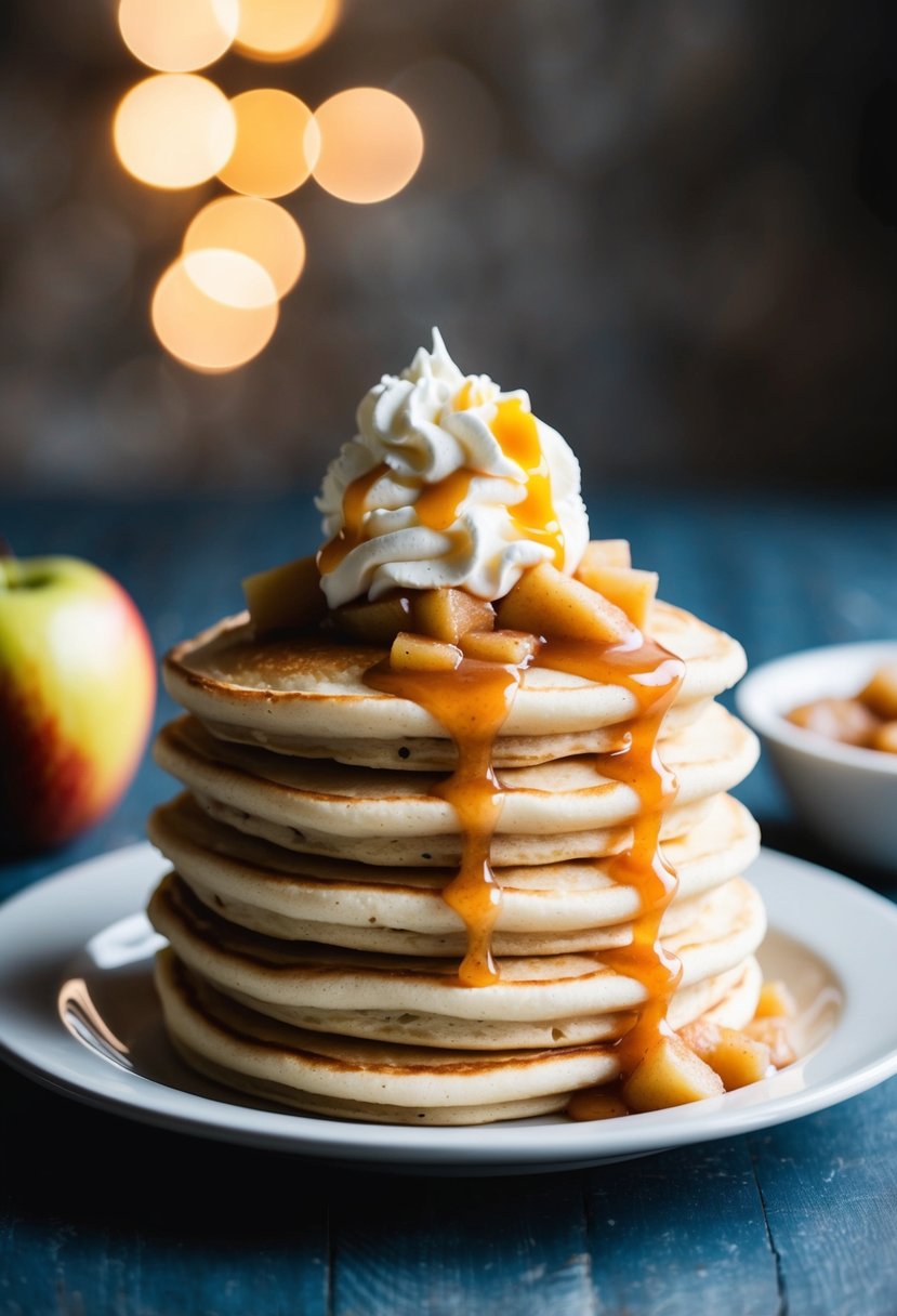 A stack of apple pie pancakes topped with apple pie filling and a dollop of whipped cream