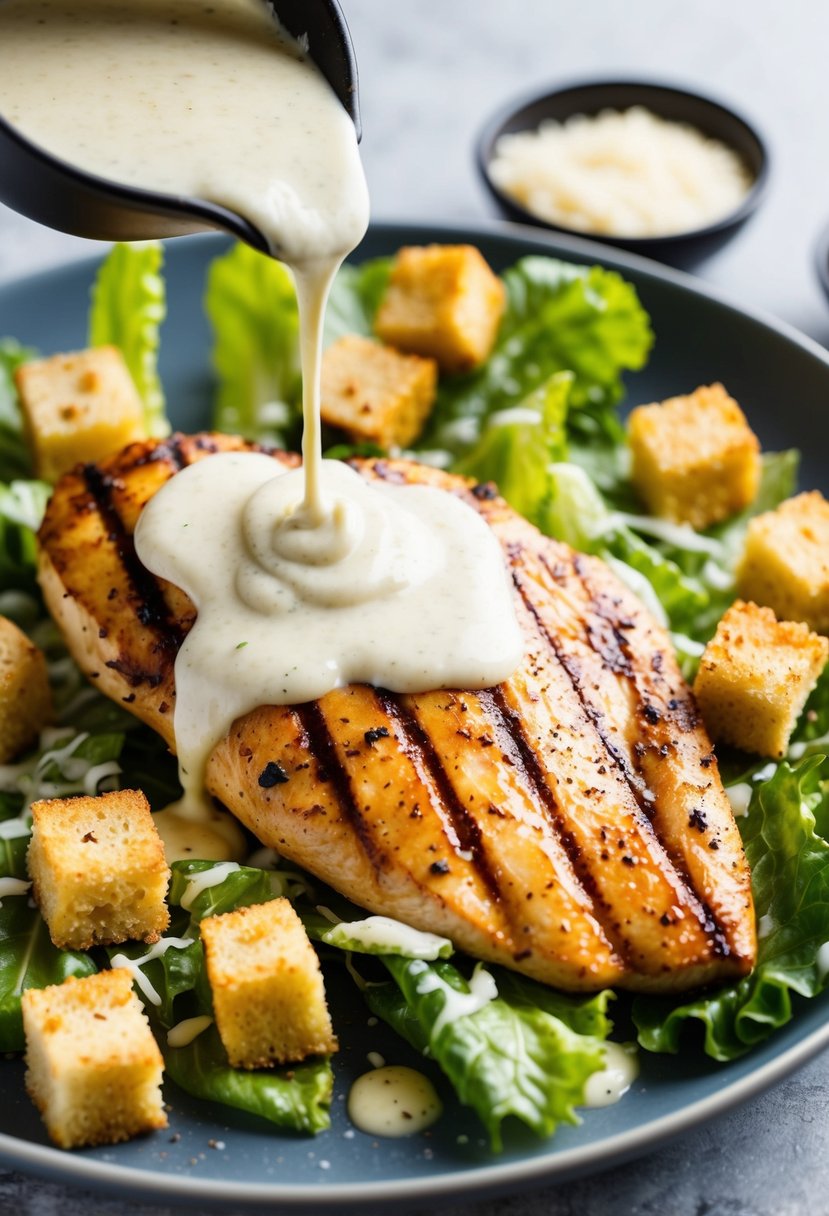 A sizzling grilled chicken breast on a bed of romaine lettuce, croutons, and parmesan cheese, drizzled with creamy Caesar dressing