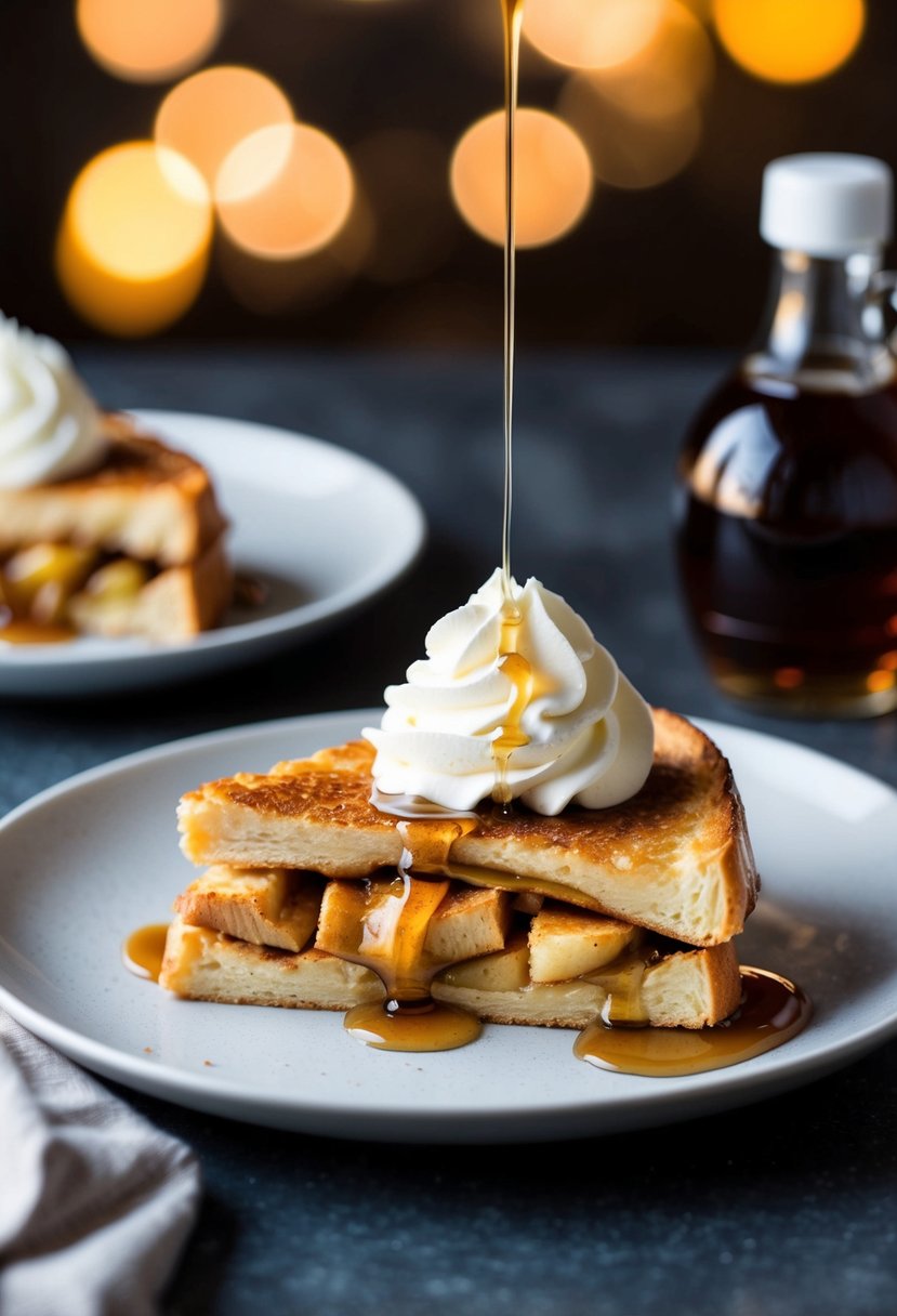 A slice of apple pie stuffed French toast on a plate, with a dollop of whipped cream and a drizzle of maple syrup