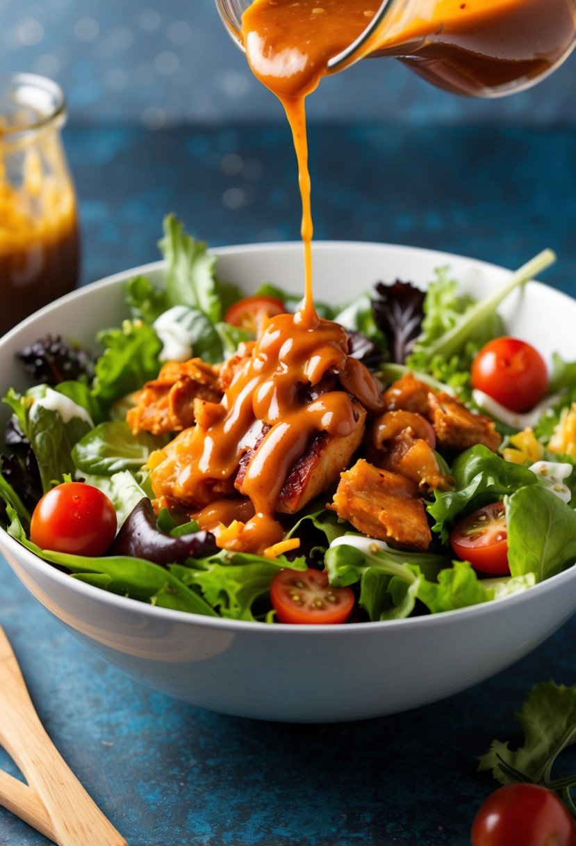 A colorful salad bowl filled with BBQ chicken, mixed greens, cherry tomatoes, and drizzled with tangy dressing