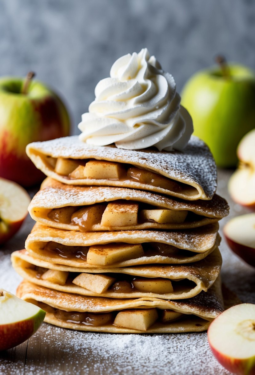 A stack of apple pie crepes with filling, topped with powdered sugar and cinnamon, surrounded by fresh apple slices and a dollop of whipped cream