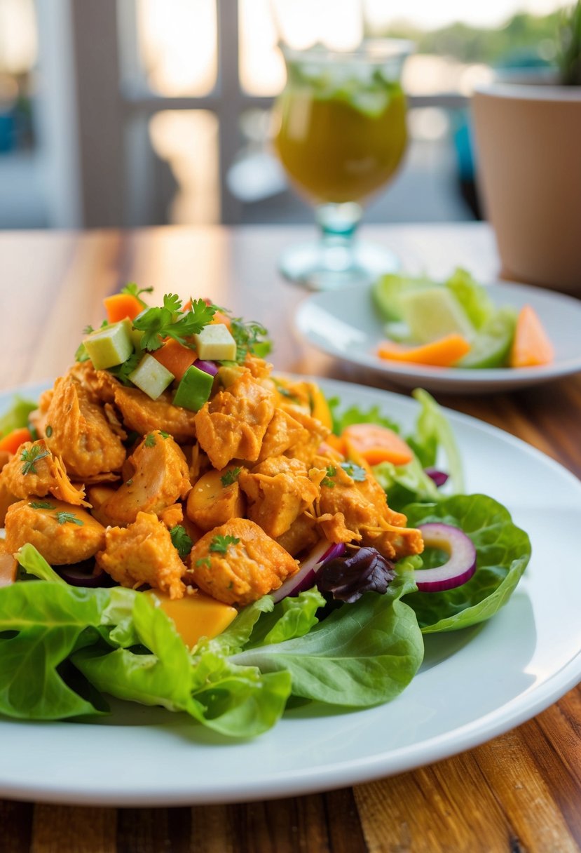 A sizzling buffalo chicken salad with vibrant greens and colorful toppings on a white plate