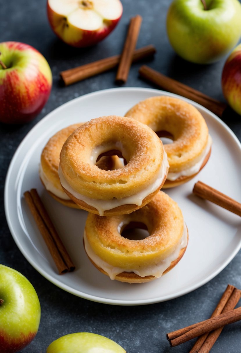 A plate of apple pie donuts with a golden crust and apple filling, surrounded by fresh apples and cinnamon sticks