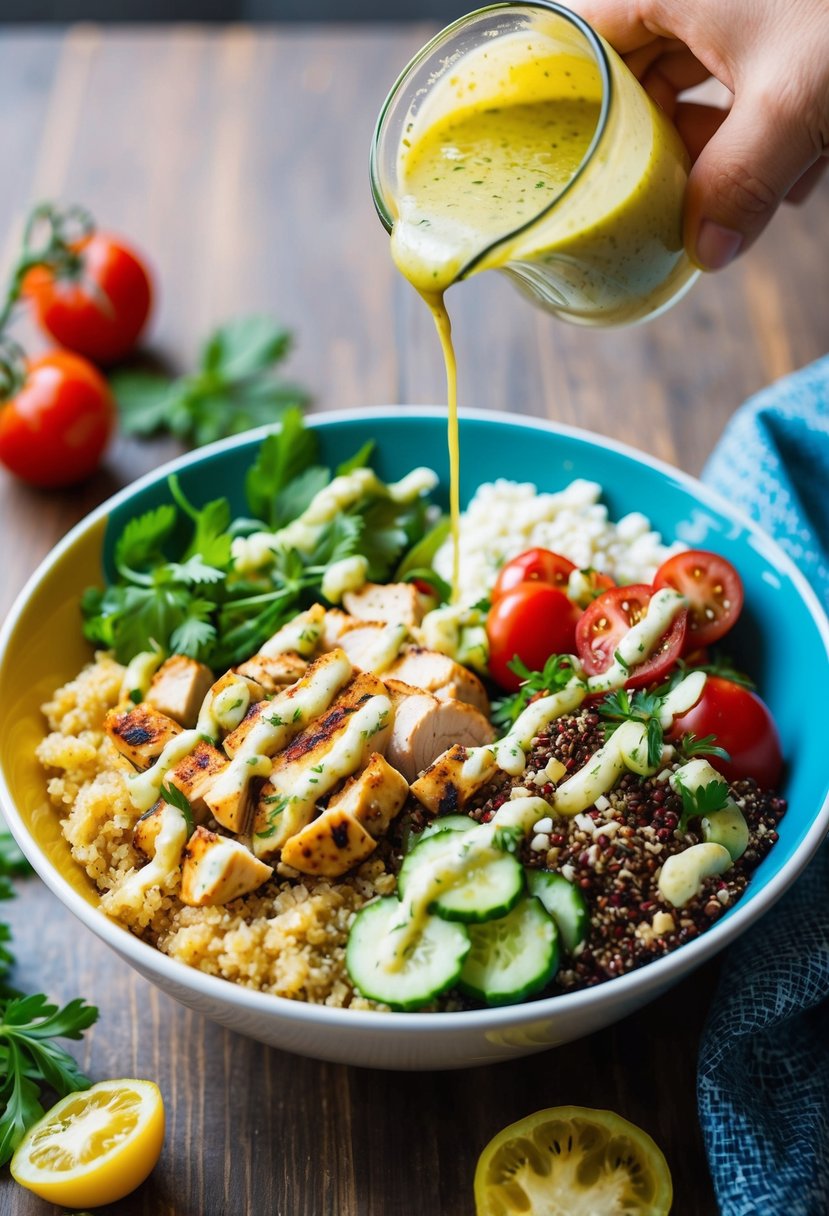 A colorful bowl filled with grilled chicken, quinoa, tomatoes, cucumbers, feta cheese, and fresh herbs, drizzled with a tangy Mediterranean dressing