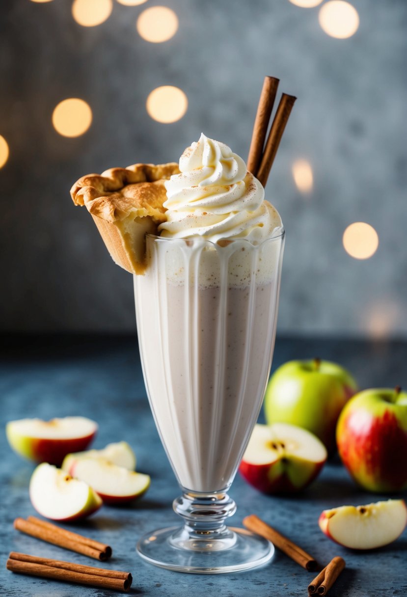 A tall glass filled with a creamy milkshake topped with whipped cream and a slice of apple pie, surrounded by scattered apple slices and cinnamon sticks