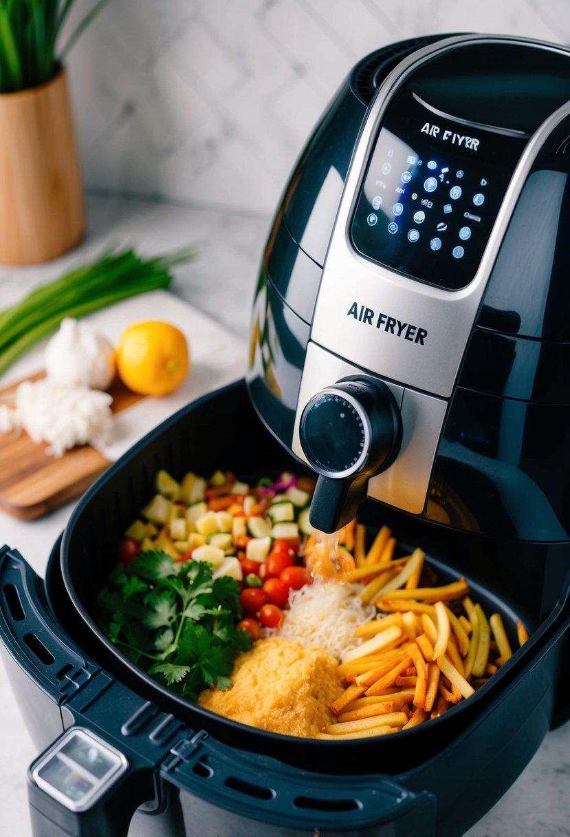 A variety of ingredients being placed into an air fryer, with the machine set to cook a quick and easy dinner