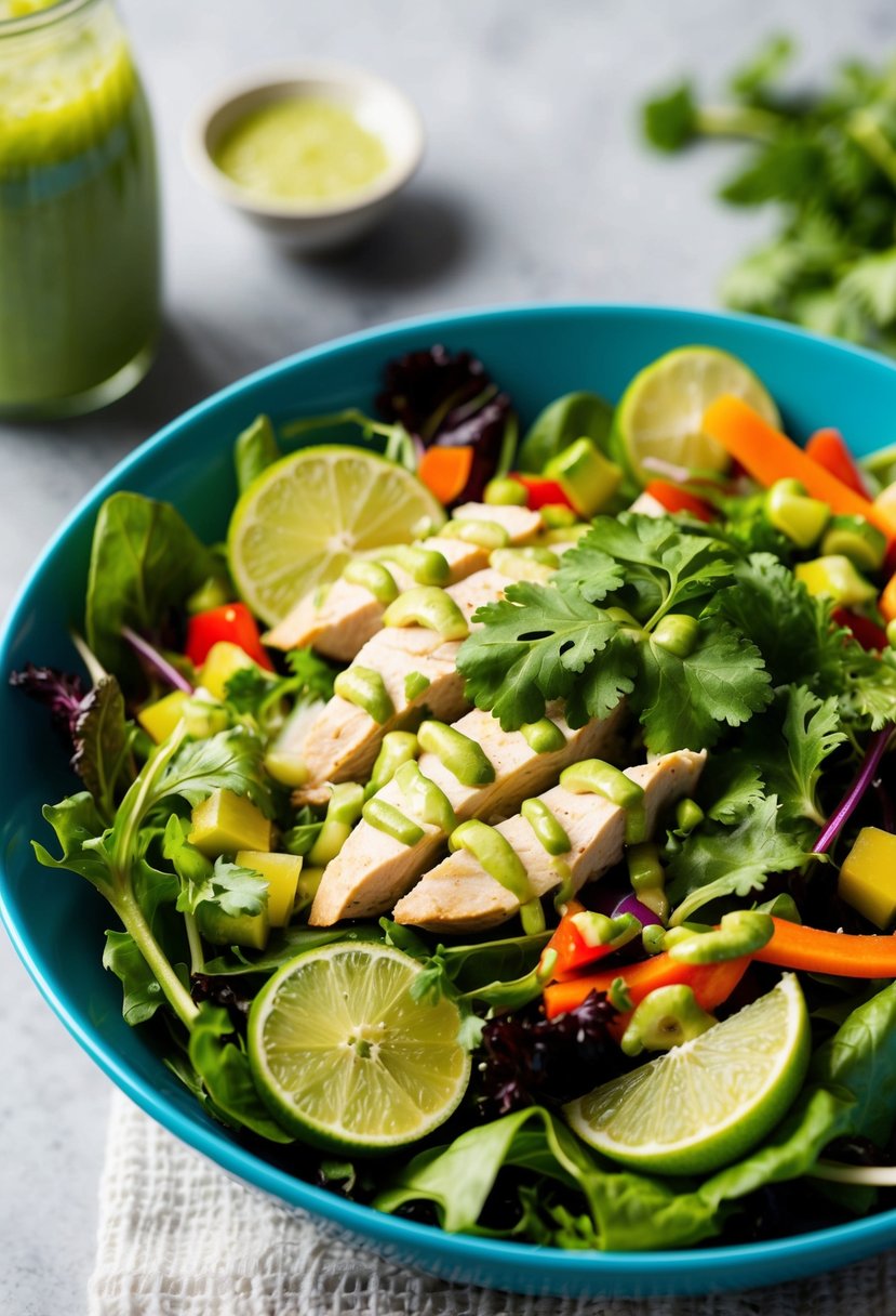 A vibrant salad bowl filled with cilantro lime chicken, mixed greens, and colorful vegetables, drizzled with a zesty dressing