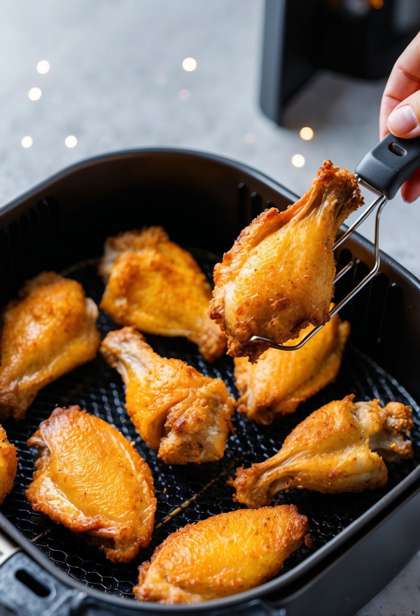 Golden crispy chicken wings sizzling in an air fryer basket