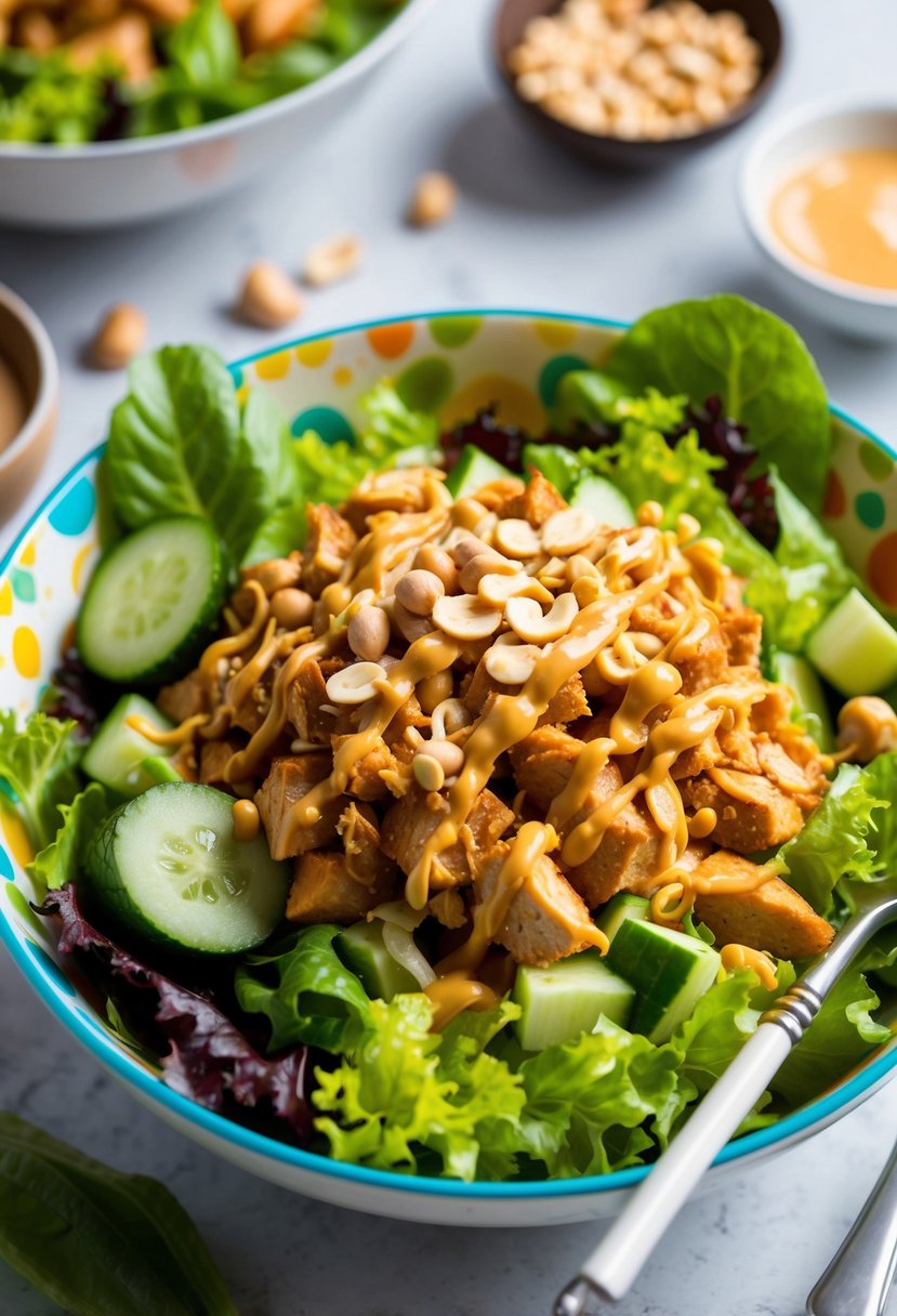 A colorful bowl filled with Thai Peanut Chicken Salad, surrounded by fresh ingredients like lettuce, cucumber, peanuts, and a drizzle of peanut sauce