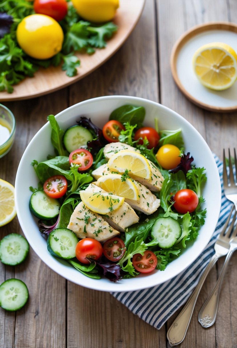 A bright, colorful salad bowl filled with lemon herb chicken, mixed greens, cherry tomatoes, and sliced cucumbers, drizzled with a light vinaigrette