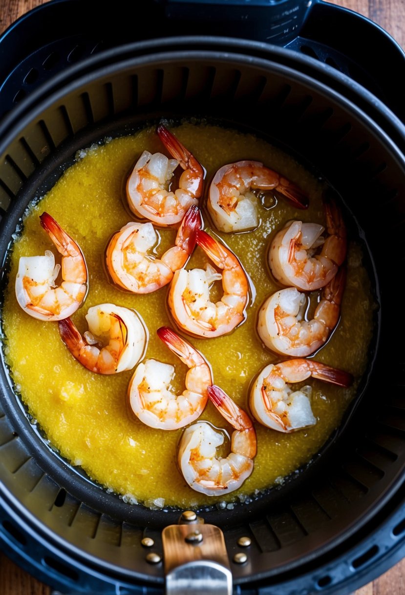 Plump shrimp sizzling in a golden pool of garlic butter inside an air fryer