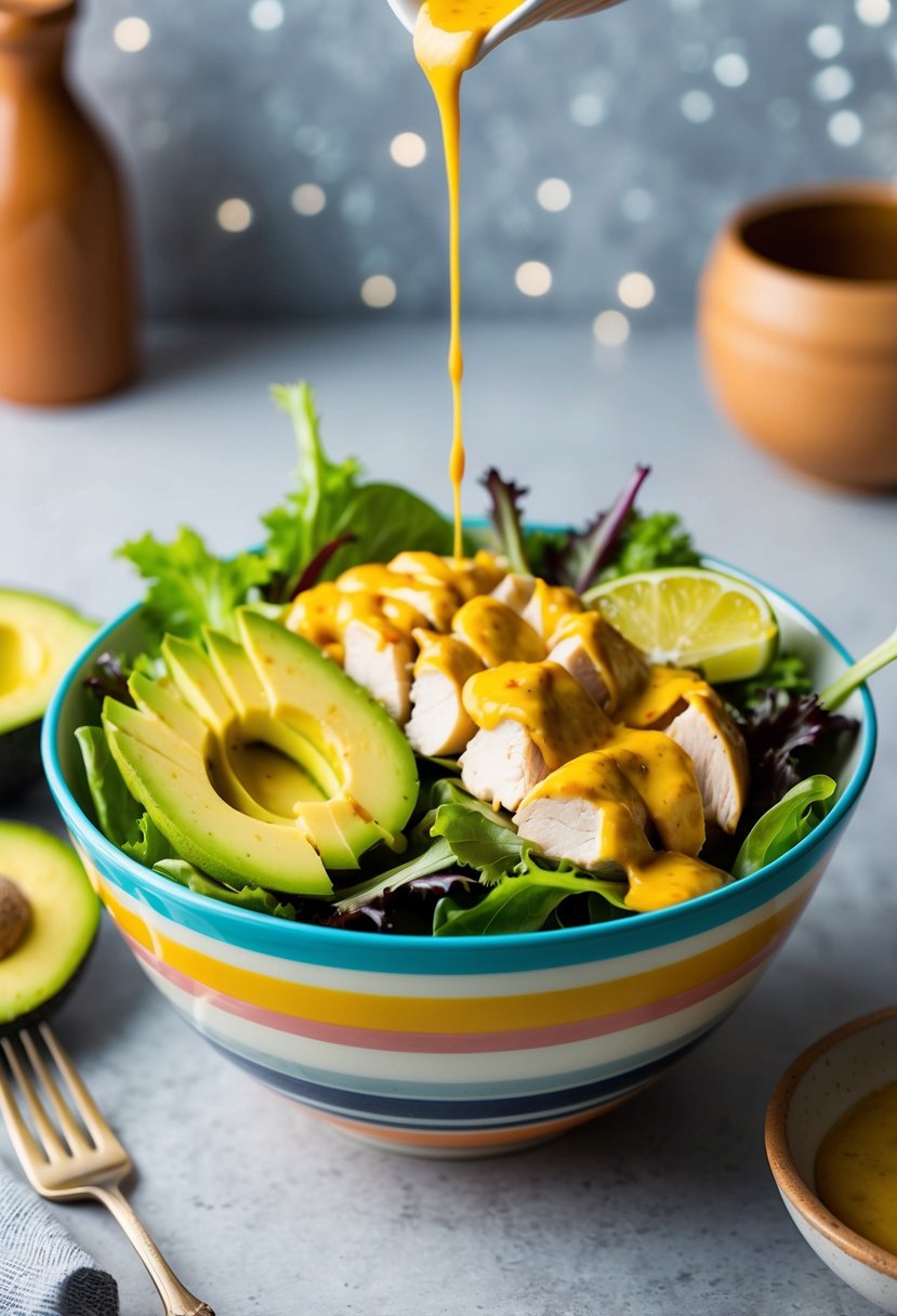 A colorful salad bowl filled with honey mustard chicken, avocado slices, and fresh greens, drizzled with dressing