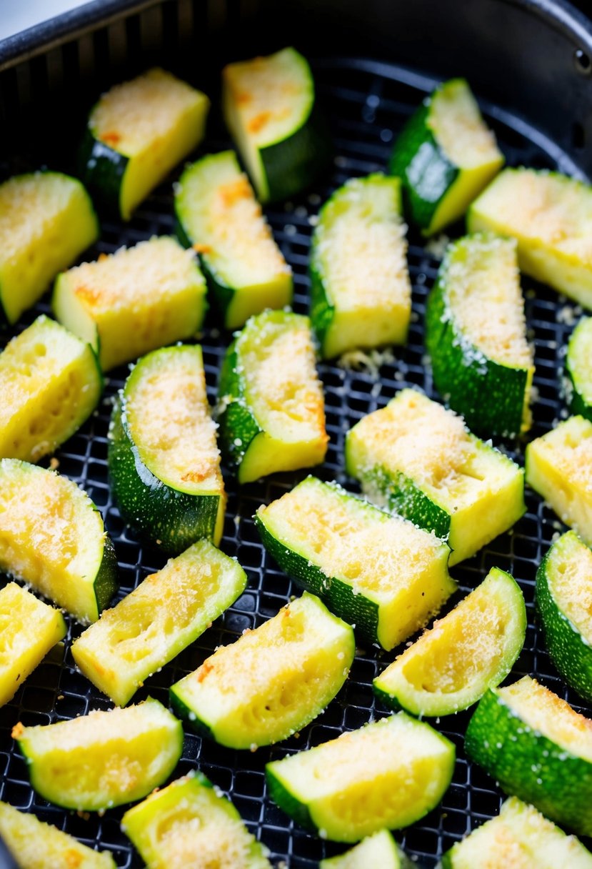 Fresh zucchini fries coated in parmesan, arranged in an air fryer basket