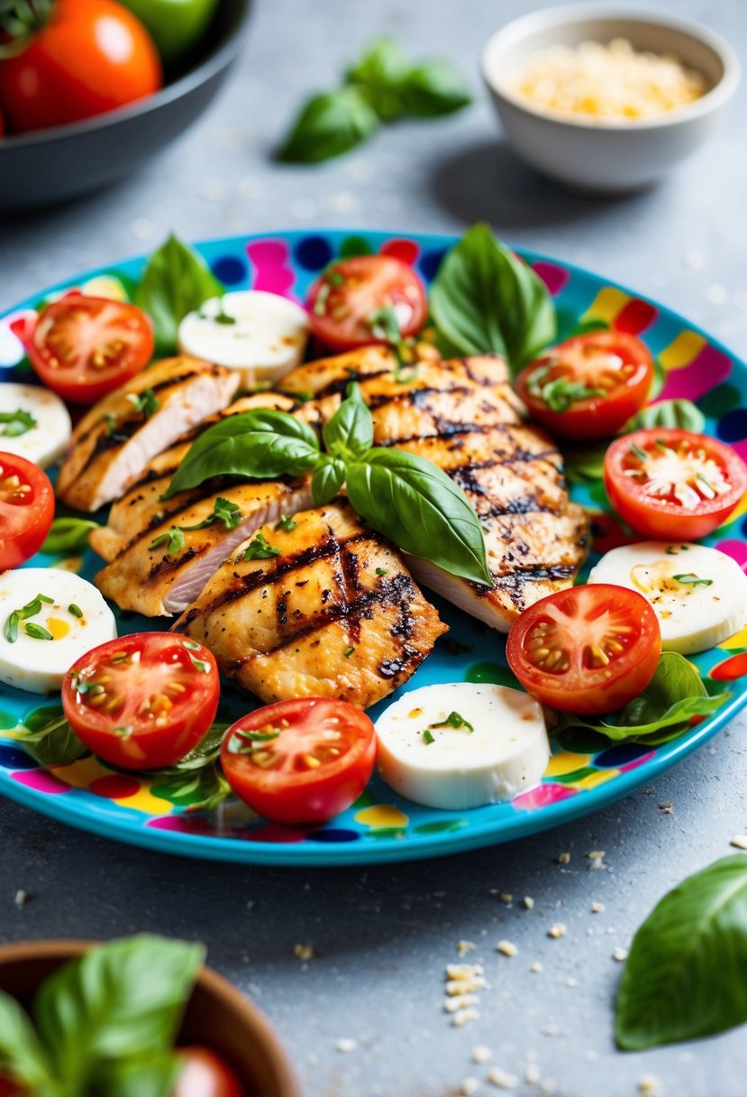 A colorful plate with grilled chicken, fresh tomatoes, mozzarella, and basil leaves arranged in a vibrant Caprese Chicken Salad