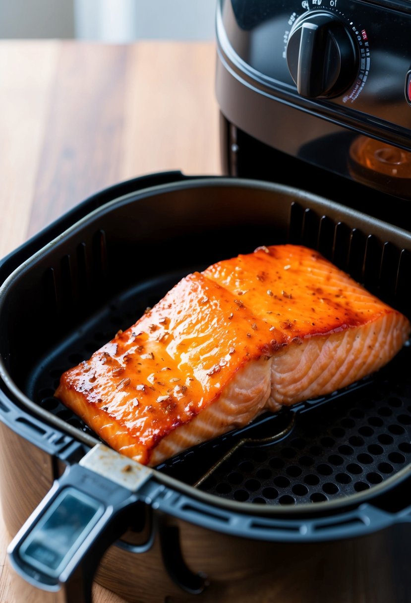 A piece of honey glazed salmon sizzling in an air fryer